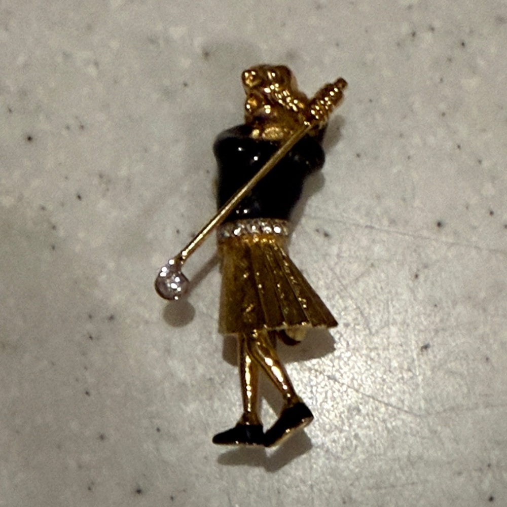 Gold-tone Golf Golfer Figural Brooch with Black Enamel